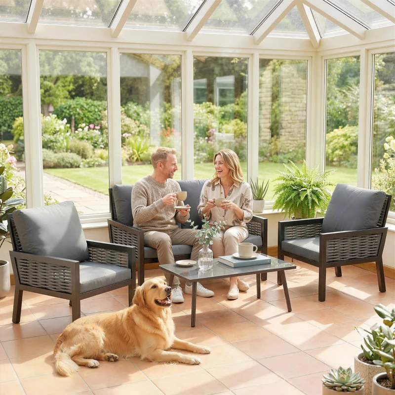 Outsunny 4 Seater Rattan Garden Furniture Set with 2 Armchairs, Loveseat, Coffee Table, Garden Sofa Set with Cushions, Dark Grey