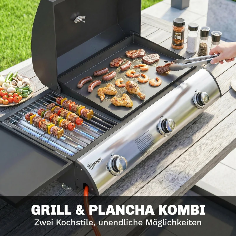 Outsunny Gasgrill 7,5 KW Tragbarer Tischgrill mit 3 Brenner Seitentisch Bratenplatte Emaille-Grillroste Fettauffangschale