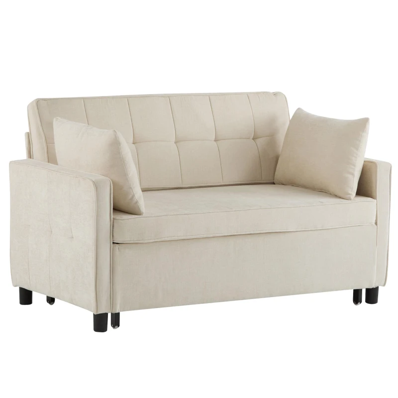 Divano letto a due posti con funzione letto, estraibile, schienale regolabile, rivestimento in chenille, 142x79x85 cm, Beige