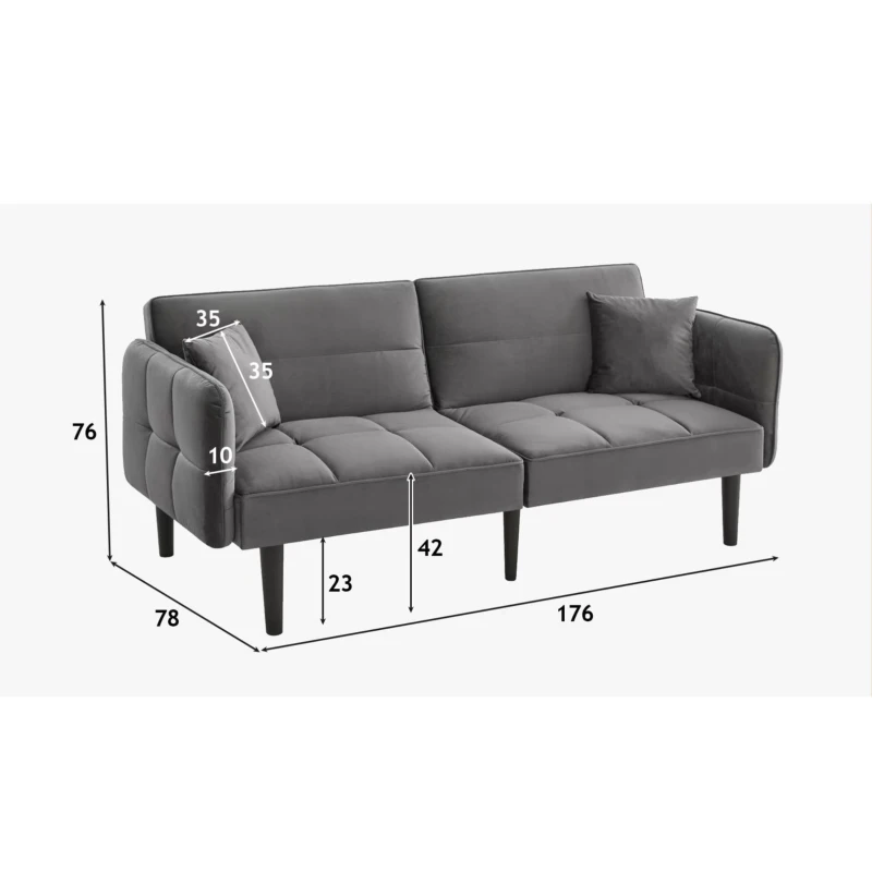 Divano-letto 2-in-1, schienali regolabili, rivestimento in velluto, gambe in legno, 176x78x76 cm, Grigio