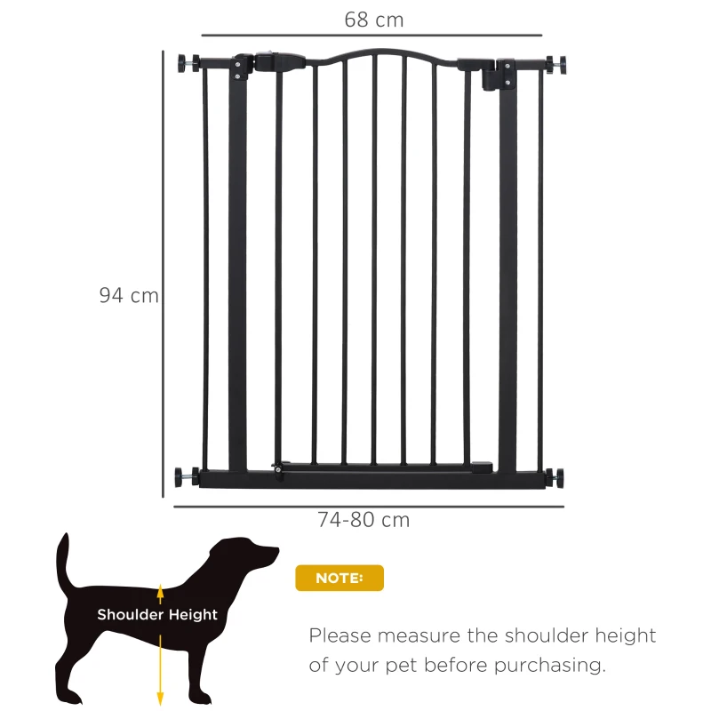 PawHut Pressure Fit Dog Gate, 94cm Tall Pet Stairs Gate, Auto Close Safety Barrier, 74-80cm Wide, with Double Locking, Black