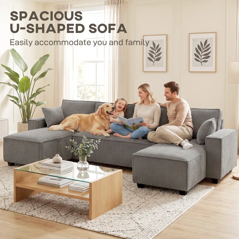 HOMCOM Narożnik z podwójnymi szezlongami, sofa w kształcie litery U z sztruksu, szerokie i głębokie siedzisko, sprężyny kieszeniowe, Jasnoszary