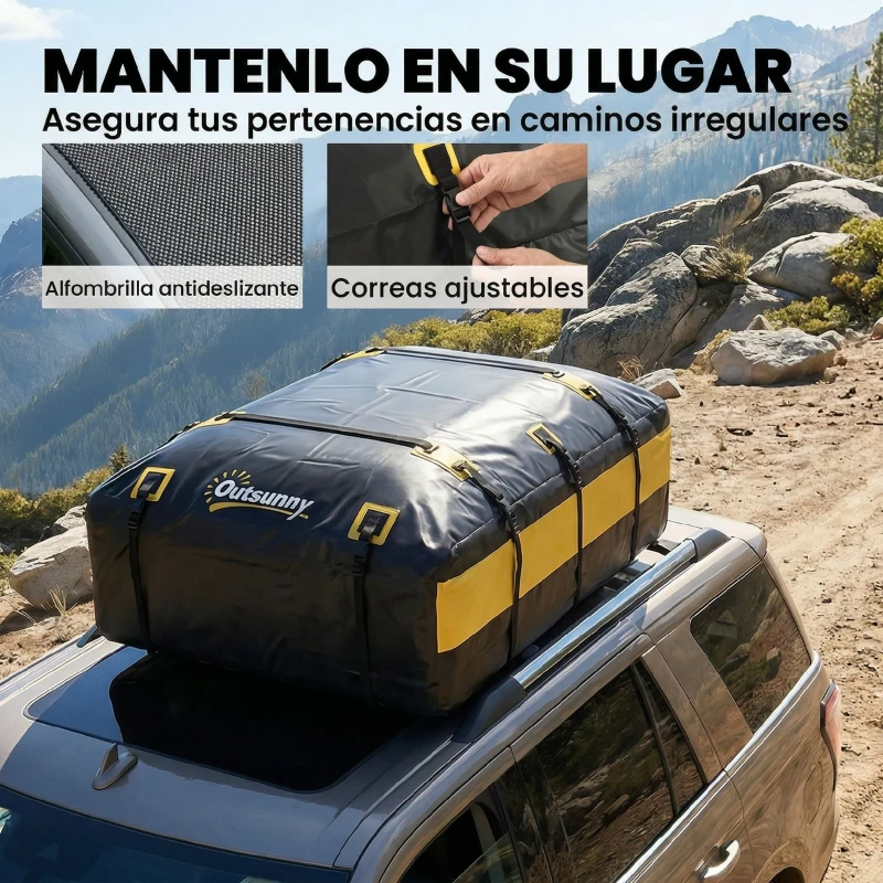 Outsunny Bolsa de Techo para Coche 594L Impermeable con 6 Correas Alfombrilla Antideslizante Ganchos para Vehículos Amarillo