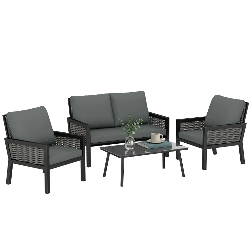 Outsunny 4 Seater Rattan Garden Furniture Set with 2 Armchairs, Loveseat, Coffee Table, Garden Sofa Set with Cushions, Dark Grey