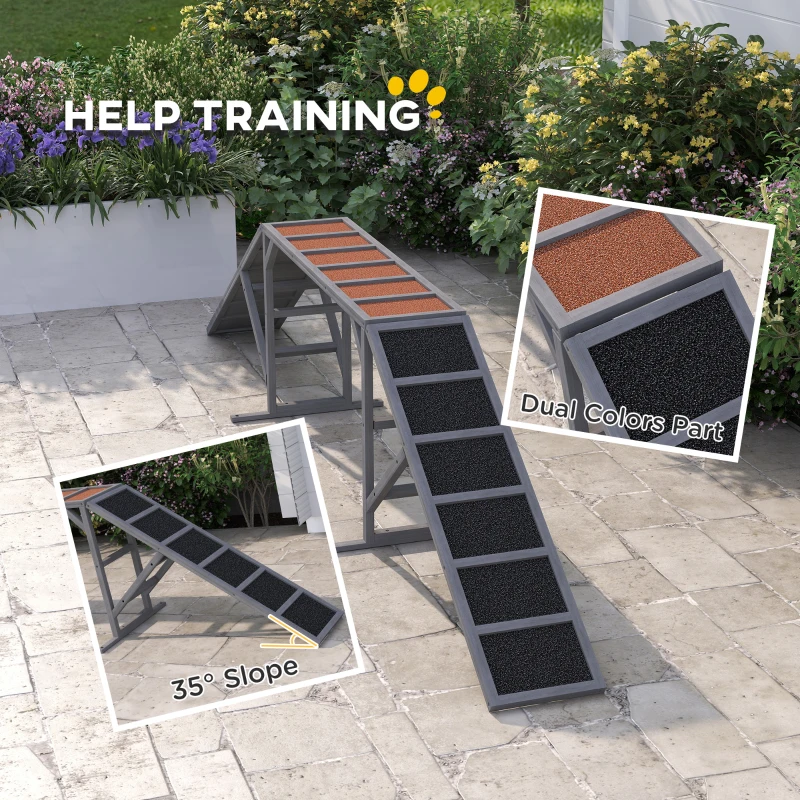 PawHut Rampa Agility dla Psów ze Stangą Bezpieczeństwa i Antypoślizgową Powierzchnią, Odporna na Warunki Atmosferyczne, do 40 kg, 335x55x60 cm, Szary