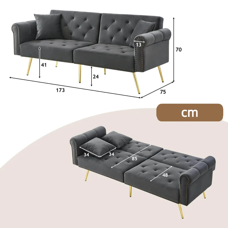 Divano letto 2 posti, rivestimento in velluto, piedi dorati, 173x75x70 cm, Grigio