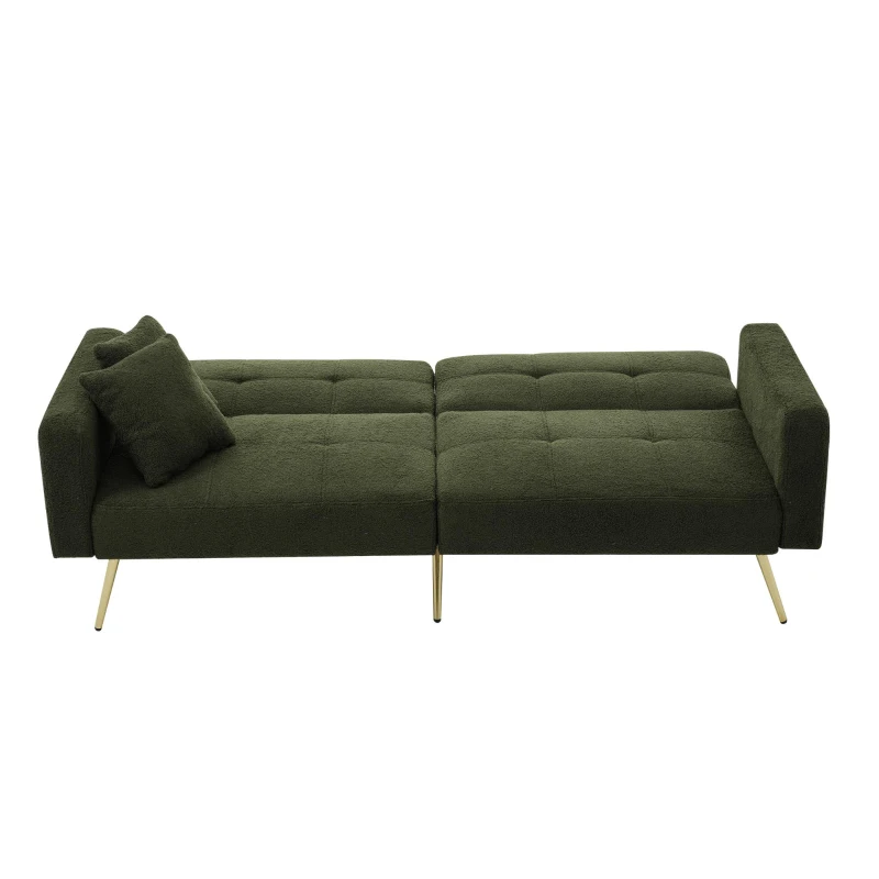Divano letto con funzione letto, schienale regolabile, gambe dorate, rivestimento in sherpa, 175x64x72 cm, Verde