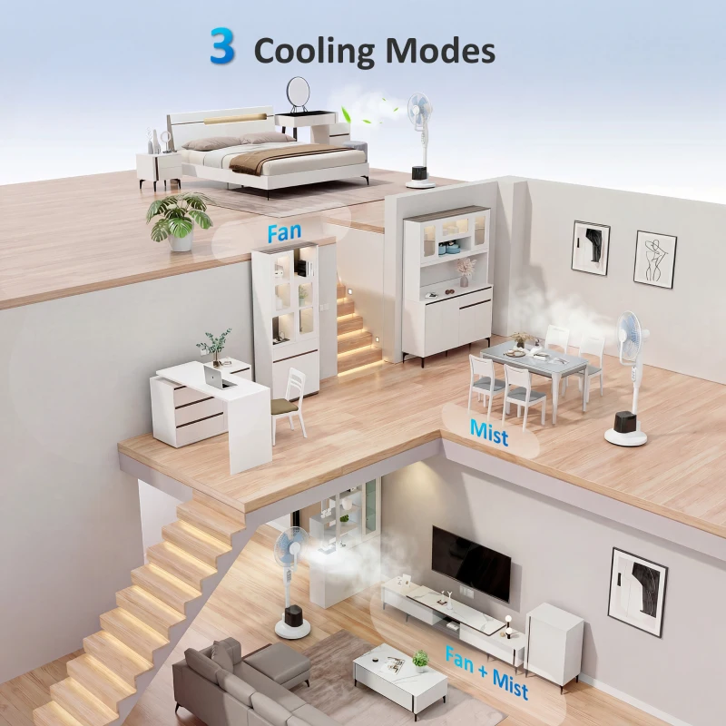 HOMCOM Wentylator stojący z mgiełką, oscylacja 70°, 3 prędkości, 3 tryby, zbiornik 3,5 l, biały