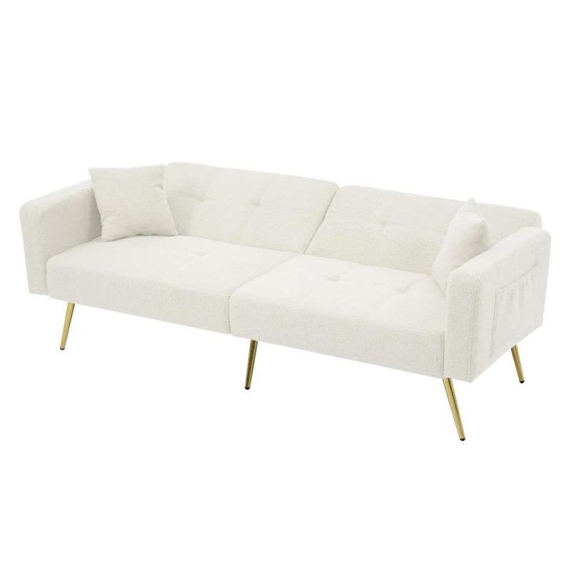 Divano letto con funzione letto, schienale regolabile, gambe dorate, rivestimento in sherpa, 175x64x72 cm, Bianco
