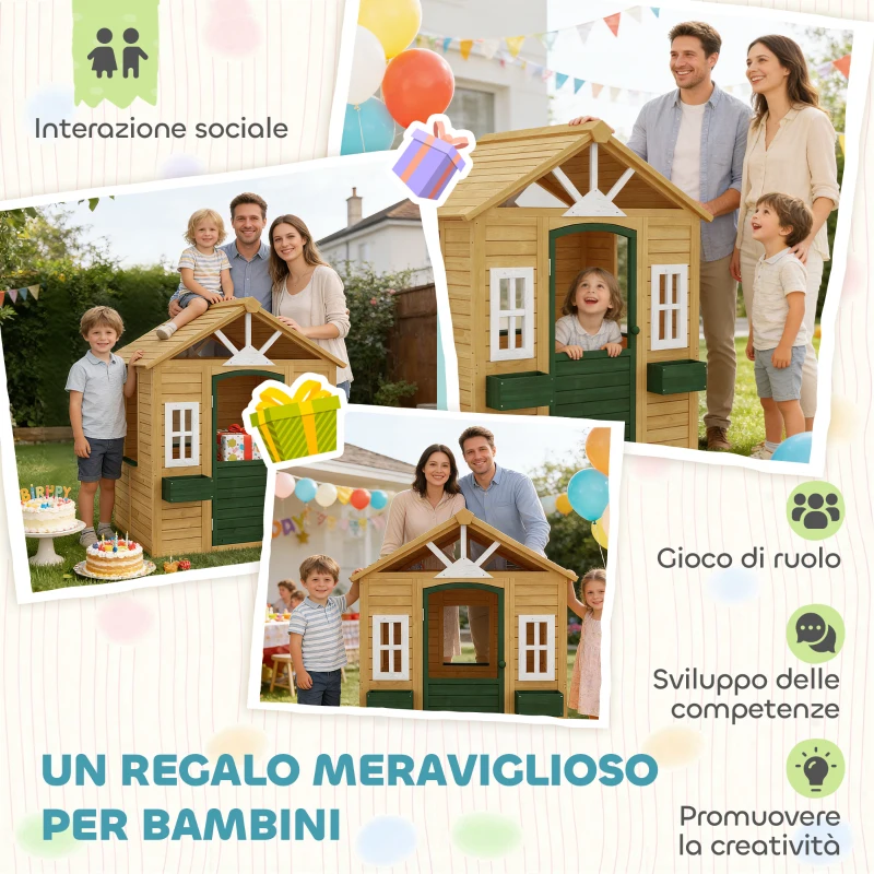 AIYAPLAY Maisonnette de jardin pour enfants en bois d'épicéa avec fenêtres, 2 jardinières, porte et toit, 3-8 ans, Marron