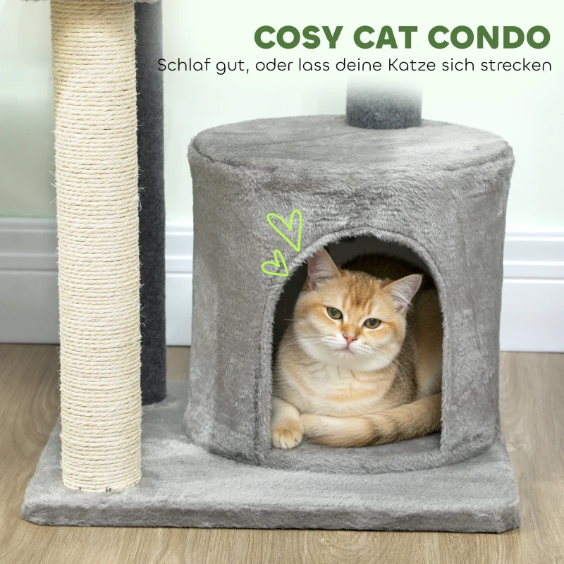 PawHut Krabpaal 103 cm kattenboom met kattenhuis, platforms, sisal-krabpalen, pluche bal voor katten tot 5 kg, grijs