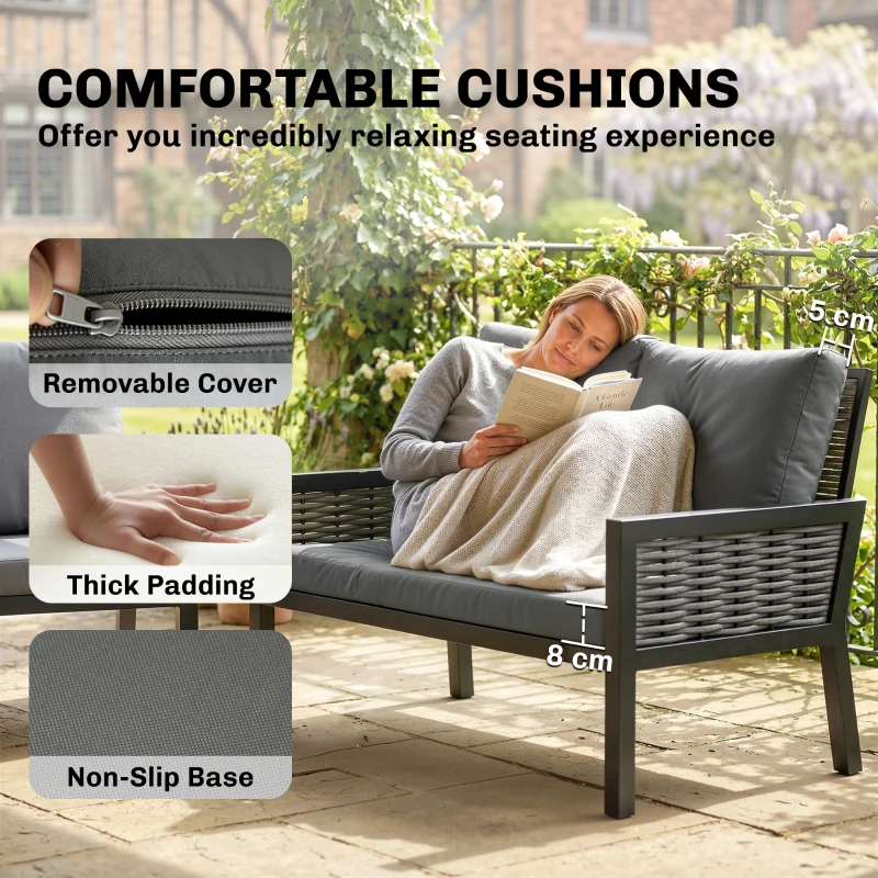 Outsunny 4 Seater Rattan Garden Furniture Set with 2 Armchairs, Loveseat, Coffee Table, Garden Sofa Set with Cushions, Dark Grey