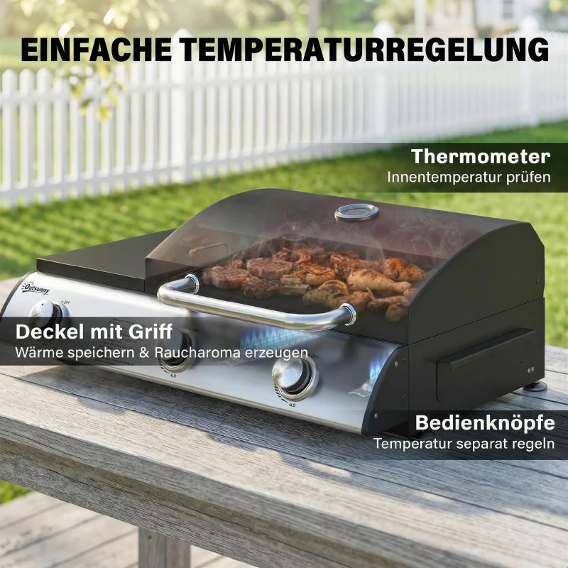 Outsunny Gasgrill 7,5 KW Tragbarer Tischgrill mit 3 Brenner Seitentisch Bratenplatte Emaille-Grillroste Fettauffangschale