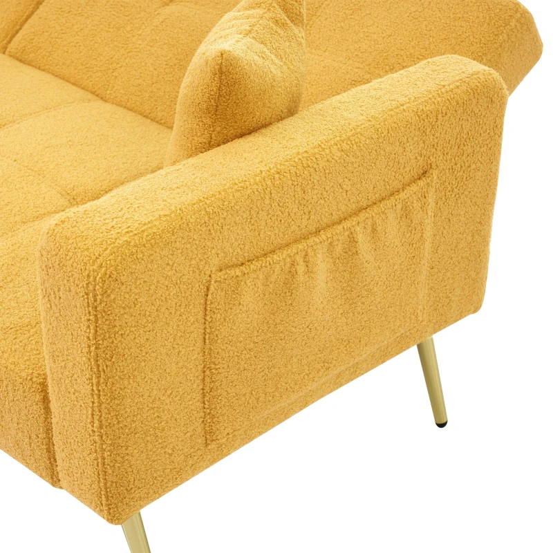 Divano letto con funzione letto, schienale regolabile, gambe dorate, rivestimento in sherpa, 175x64x72 cm, Giallo