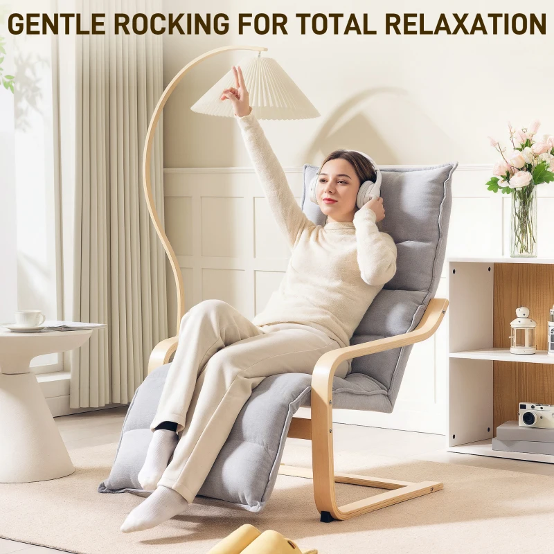 HOMCOM Birch Wood Lounge Chair, Upholstered Recliner Lounge Seat with Adjustable Footrest, Modern Armchair for Living Room, Bedroom, Balcony, Office, Light Grey