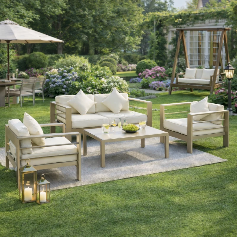 Outsunny 4 Pieces Outdoor Garden Furniture Set, Aluminium Frame Backyard Furniture w/ Thick Padded Cushioned Loveseat, 2 Chairs, and Glass Top Table, Champagne Gold