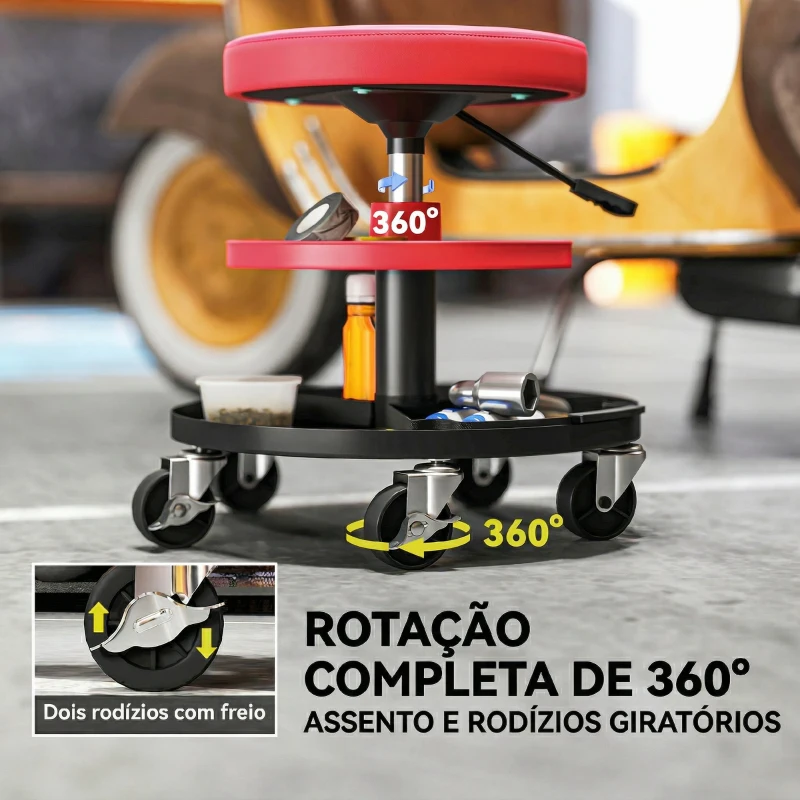 HOMCOM Banco de Oficina Giratório com Rodas Altura Ajustável de 40-51 cm Banco para Mecânico com 2 Bandejas para Ferramentas, Vermelho