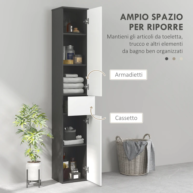 kleankin Colonna Bagno Salvaspazio in Legno con 2 Armadietti e Cassetto, 30x28x180 cm, Nero