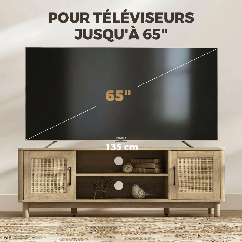 HOMCOM Meuble TV 135 cm, meuble télé pour téléviseur jusqu'à 65 pouces avec 2 portes en rotin, 2 compartiments ouverts, chêne