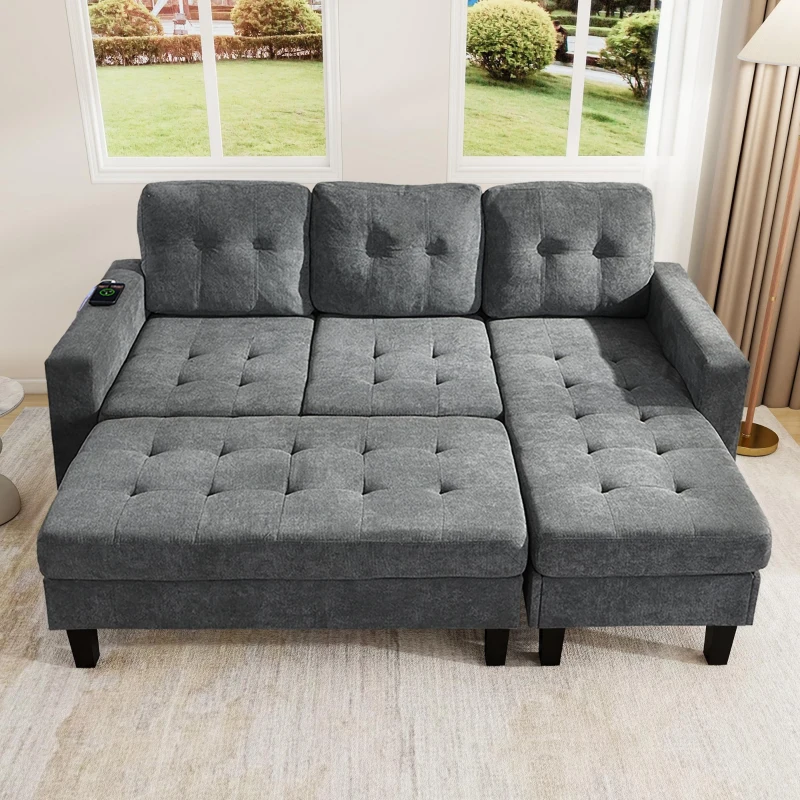 Divano a forma di L, rivestimento in chenille, LED & USB, 185x135x85 cm, Grigio