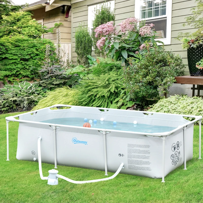 Outsunny Piscina Desmontável Tubular 252x152x65cm com Depuradora de Cartucho Piscina Retangular de Exterior para Adultos e Crianças 2.163L Cinza