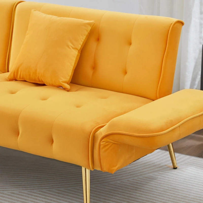Divano-letto 2 posti, rivestimento in velluto, piedi dorati, 178x82x70 cm, Giallo
