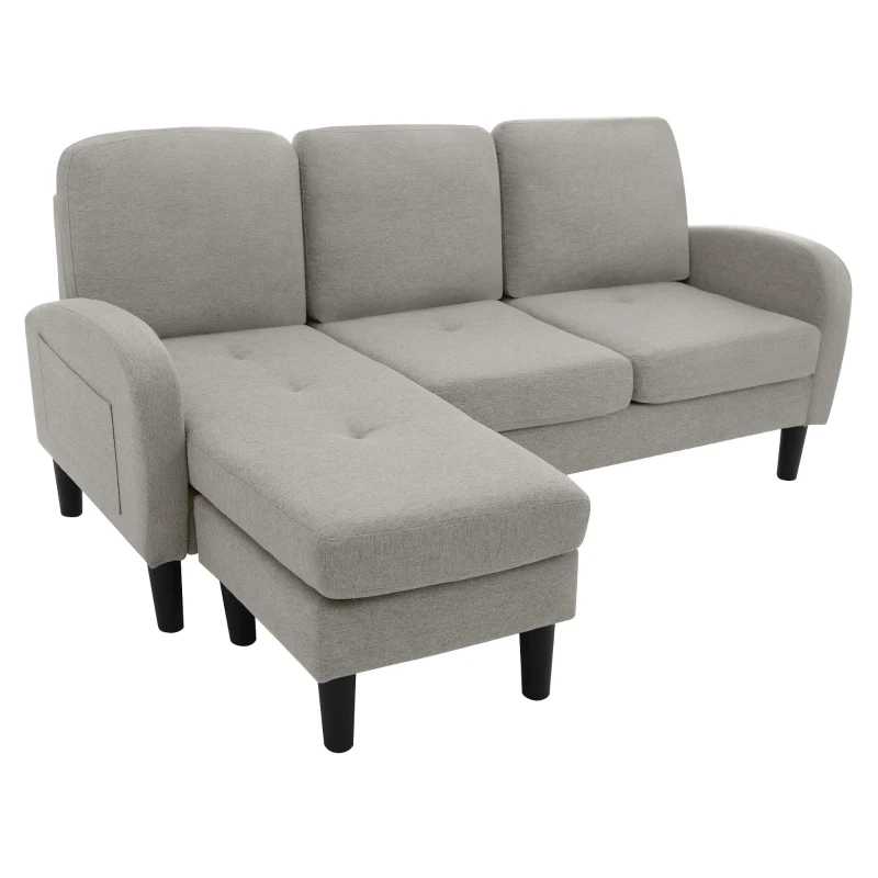 Divano angolare a forma di L con chaise longue, rivestimento in cotone-lino, cuscini inclusi, 166x118x77 cm, Grigio