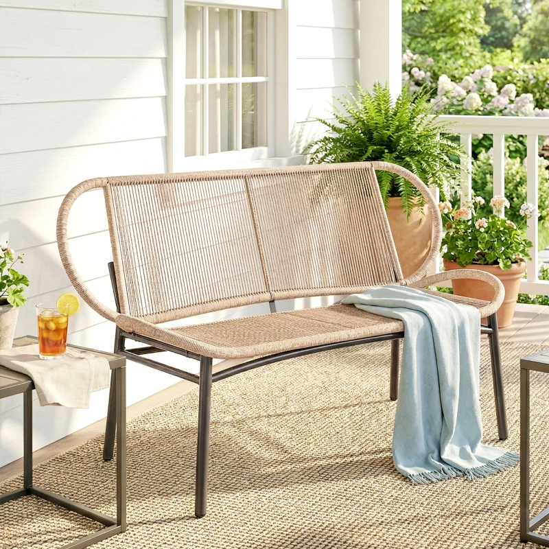 Outsunny Banc de jardin 2 places, banc d'extérieur en résine tressée avec cadre en métal, résistant aux intempéries, naturel