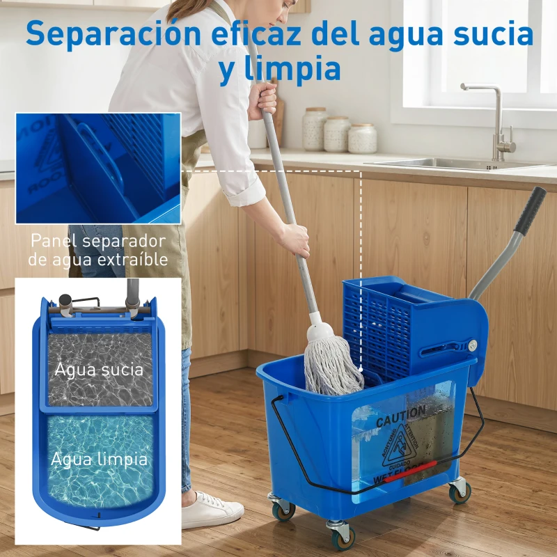 HOMCOM Cubo de Fregar con Escurridor Panel Separador y Ruedas Capacidad 20L para Limpieza Doméstica 45x26,5x70 cm Azul