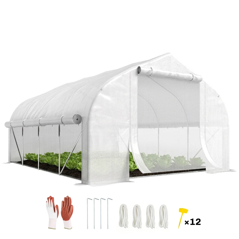 Outsunny Estufa Tipo Túnel 395x300x200 cm com Porta de Malha e 8 Janelas Estufa de Jardim com Cobertura de PE Branco