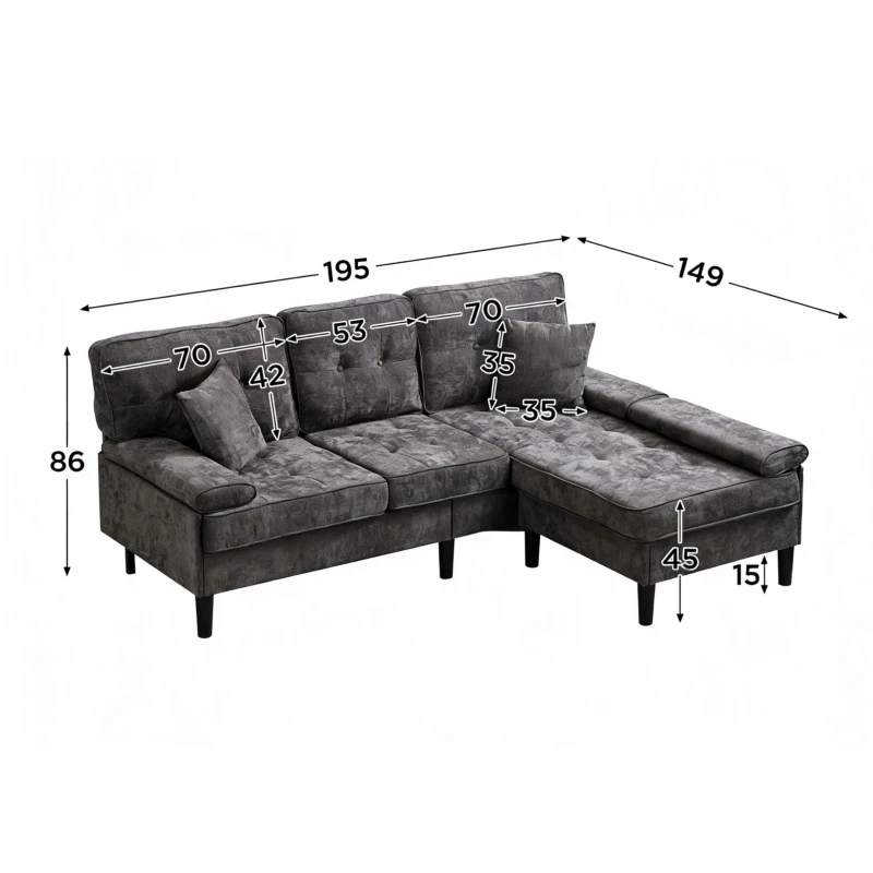 Divano angolare a L in chenille, pouf mobile, cuscini inclusi, 195x149x86 cm, Grigio