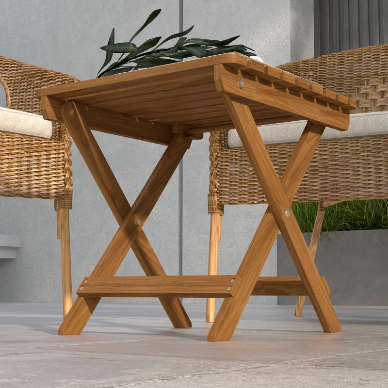 Outsunny Stolik pomocniczy na zewnątrz, 2 sztuki stolik ogrodowy, Składany stolik kempingowy z drewna, Stolik do ogrodu, balkonu, Teak, 45 x 45 x 45 cm