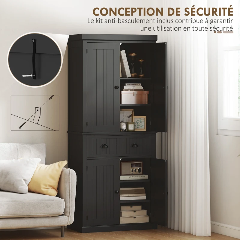 HOMCOM Buffet haut cuisine, armoire de cuisine avec 4 portes, tiroir et étagères réglables, 76,2 x 40,2 x 183 cm, noir