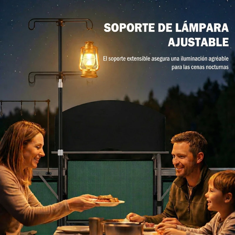 Outsunny Mueble de Cocina para Camping Plegable con 3 Mesas 4 Ganchos Poste de Luz y Bolsa de Transporte 172x48x130 cm Verde