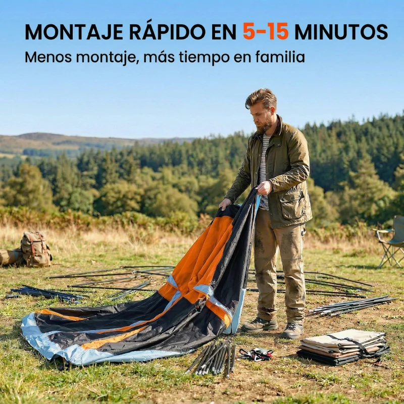 Outsunny Tienda de Campaña Familiar Tipo Túnel para 4 Personas con 2 Habitaciones Puertas Tragaluces Impermeable Fácil Montaje