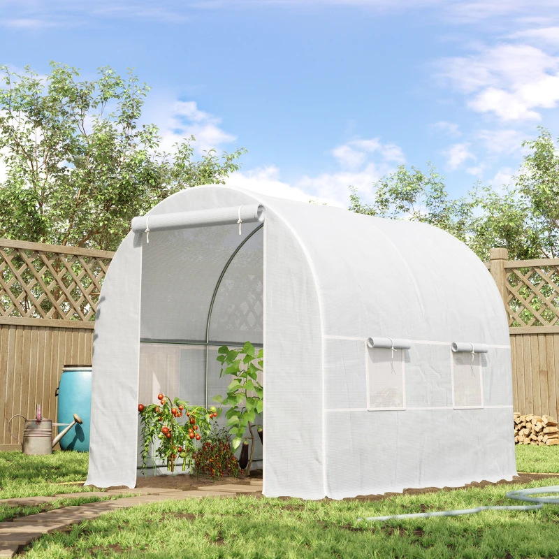 Outsunny 2.5 x 2 x 2 m Large Walk-In Tunnel Greenhouse, Outdoor Polytunnel Plant Shelter, Galvanised Steel Frame, White