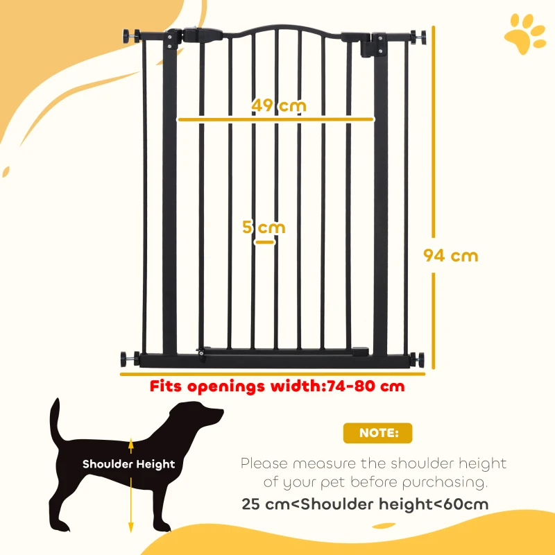 PawHut Pressure Fit Dog Stair Gate No Drilling Safety Gate Auto Close for Doorways, Hallways, 74-80cm Adjustable, 94cm Tall, Black