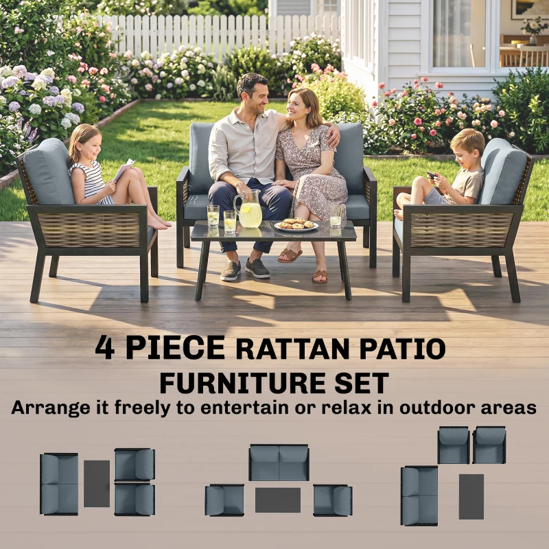 Outsunny 4 Seater Rattan Garden Furniture Set with 2 Armchairs, Loveseat, Coffee Table, Garden Sofa Set with Cushions, Grey