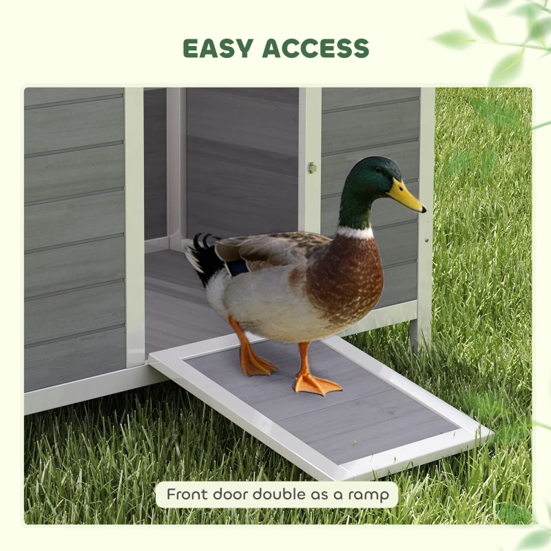 PawHut Domek dla kaczek odporny na warunki atmosferyczne z drewna z wyjmowanym spodem, przesuwanymi oknami, otwieranym dachem asfaltowym, 93x70x72cm, szary