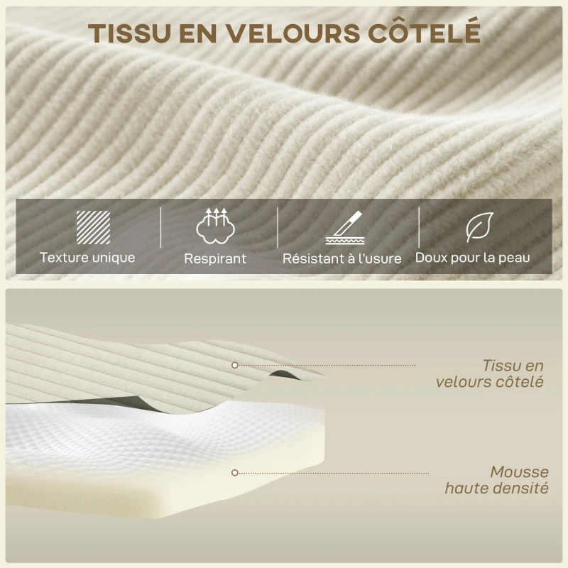 HOMCOM Canapé d'angle modulable 2 en 1, 267cm, canapé-lit 3 places en velours côtelé, larges assise et accoudoirs, crème