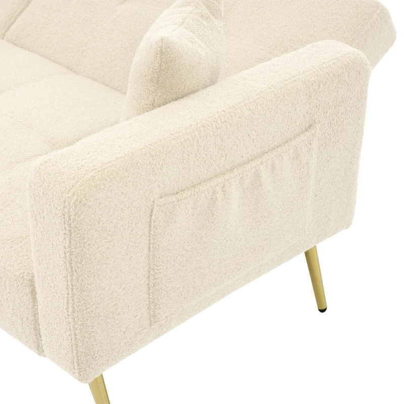 Divano letto con funzione letto, schienale regolabile, gambe dorate, rivestimento in sherpa, 175x64x72 cm, Beige