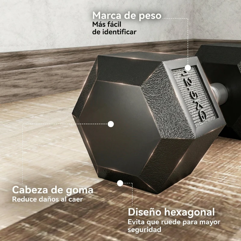 HOMCOM Set de 2 Mancuernas Hexagonales de 2 x 12,5 kg de Hierro Fundido Recubiertas en Goma para Entrenamiento en Casa Gimnasio