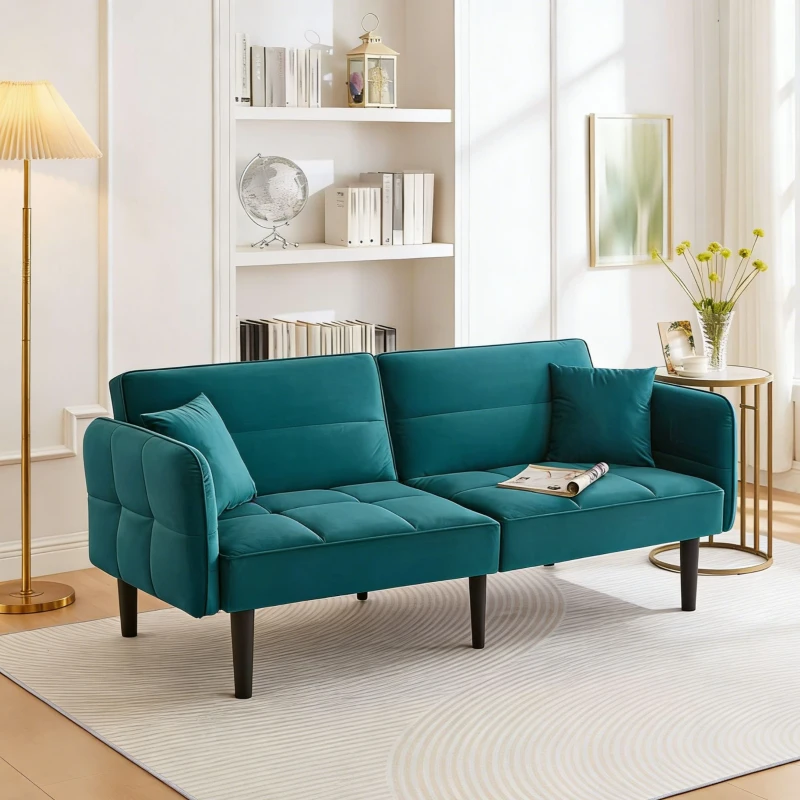 Divano-letto 2-in-1, schienali regolabili, rivestimento in velluto, gambe in legno, 176x78x76 cm, Blu-verde