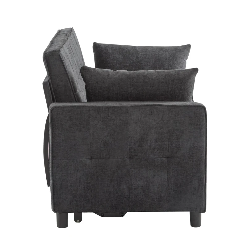 Divano letto a due posti con funzione letto, estraibile, schienale regolabile, rivestimento in chenille, 142x79x85 cm, Nero anticato