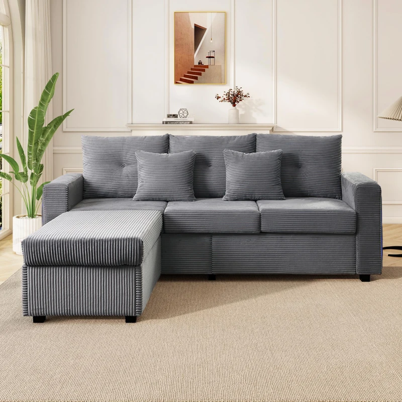 Divano a L con LED, rivestimento in velluto a coste, ottomana, 184x84,5x85,5 cm, Grigio