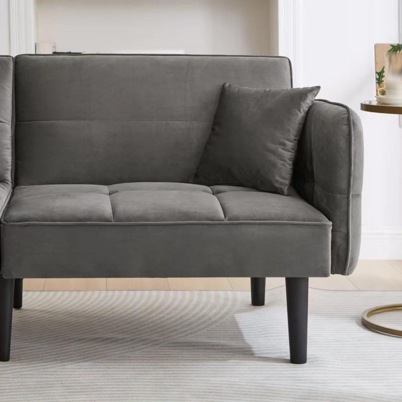 Divano-letto 2-in-1, schienali regolabili, rivestimento in velluto, gambe in legno, 176x78x76 cm, Grigio