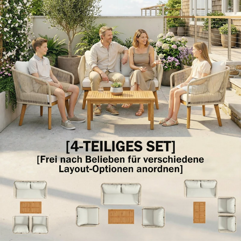Outsunny Gartenmöbel Set 4-teilig Polyrattan Lounge-Set mit Zweisitzer 2 Sessel Akazienholz-Lamellentisch dicke waschbare Kissen
