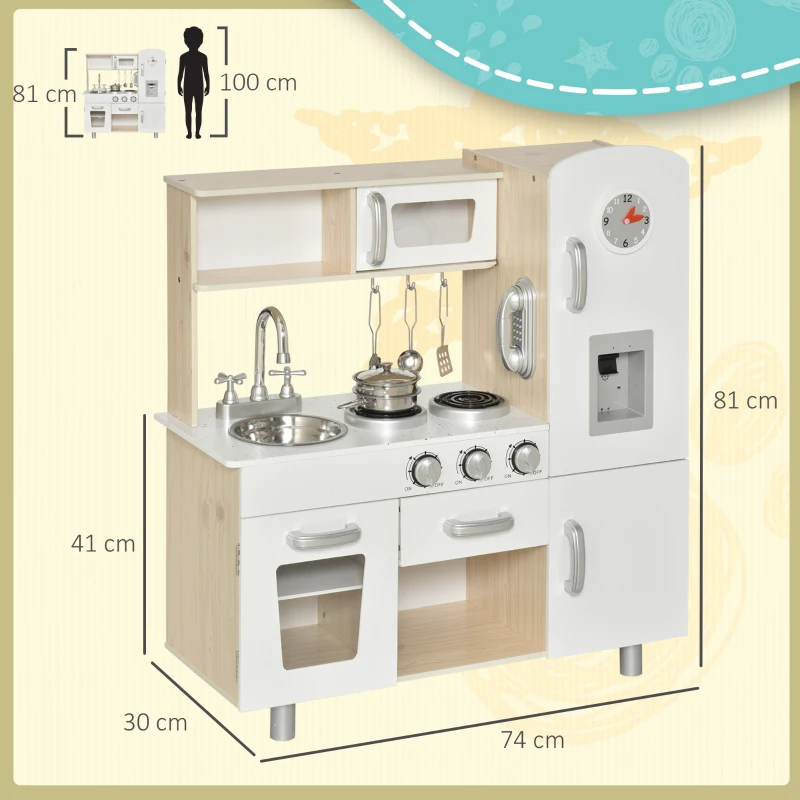 HOMCOM Cocina de Juguete de Madera con Fregadero Cocina de Inducción y Microondas Simulados con Accesorios Incluidos Cocina Infantil para +3 Años 74x30x81 cm Blanco