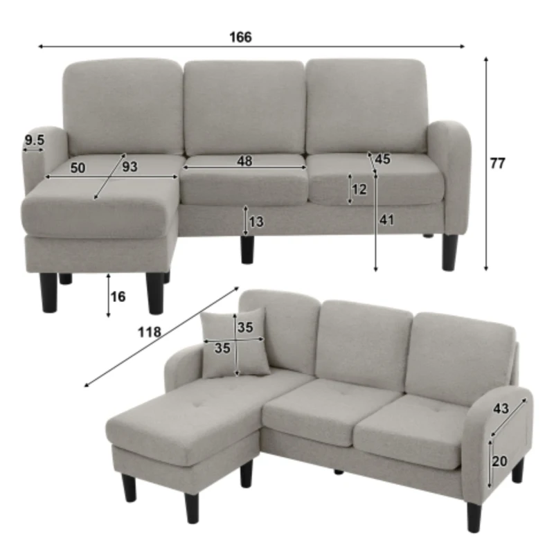 Divano angolare a forma di L con chaise longue, rivestimento in cotone-lino, cuscini inclusi, 166x118x77 cm, Grigio