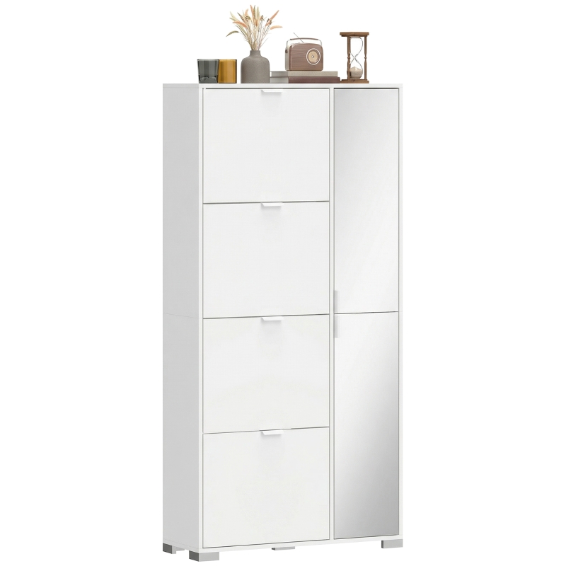 HOMCOM Zapatero 16 pares armario para zapatos 4 compartimentos abatibles 2 puertas con espejo estantes regulables blanco